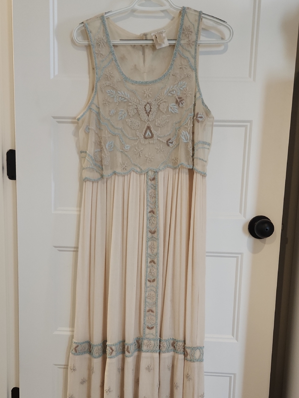 Sundance Size 8 Sheer Cream & Blue Dress With Detailed Beadwork